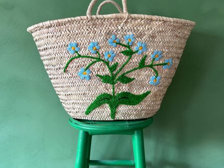 Hand Embroidered Market Basket, Forget-Me-Not Fashion