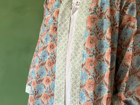 Block Print Cotton Robe, Duck Egg on Sale