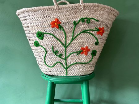 Hand Embroidered Market Basket, Nasturtium For Discount